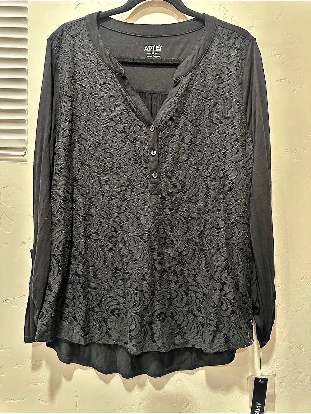 APT. 9 Lace Front Roll Tab Henley Black Blouse XL #0046